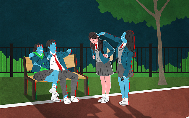 전신 PSD 나무 학생 공원 여자 남자 교복 벤치 일러스트 청소년 고등학생 서기 들기 앉기 손짓 여러명 스마트폰 누름 학대 따돌림 불량학생 왕따 학교폭력 십대만 국내일러스트 식물 옷 공공시설 다수 의자 모션 사람 핸드폰 스마트기기 폭력 사회이슈 파일형식