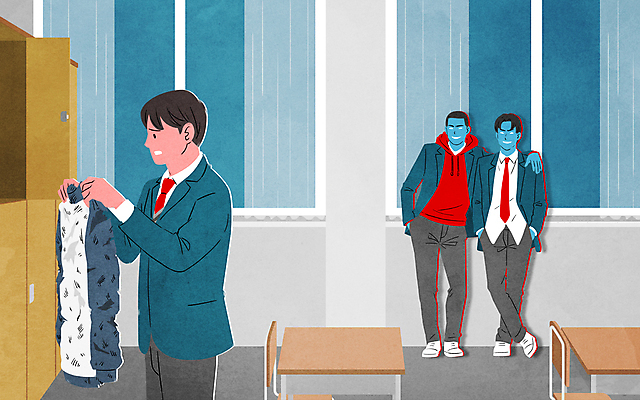 전신 PSD 학생 남자 교복 일러스트 창문 교실 학교 청소년 고등학생 서기 들기 상반신 세명 손상 사물함 학대 책상 주머니손 체육복 따돌림 불량학생 왕따 학교폭력 십대남자만 어깨에손 국내일러스트 옷 교육 가구 컨셉 모션 사람 운동복 폭력 사회이슈 체육 남자만 십대만 파일형식