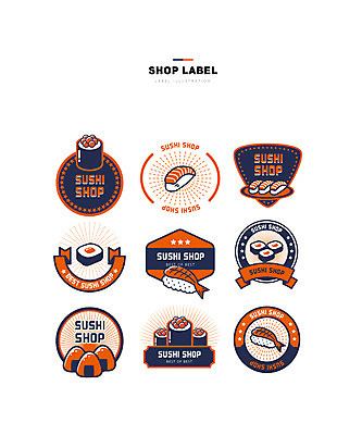 일러스트 사람없음 세트 라벨 주황색 초밥 남색 김초밥 군함말이초밥 삼각김밥 새우초밥 연어초밥 일식집 초밥전문점 국내일러스트 AI파일 컬러 새우 프레임 식당 김밥 연어 일본음식 파일형식 벡터