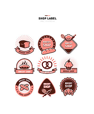 분홍색 일러스트 요리사모자 사람없음 세트 라벨 빵집 바게트 크루아상 식빵 파이 거품기 머핀 반죽밀대 브레첼 국내일러스트 AI파일 모자_잡화 빵 컬러 주방용품 디저트 프레임 상점 요리사 밀대 파일형식 벡터