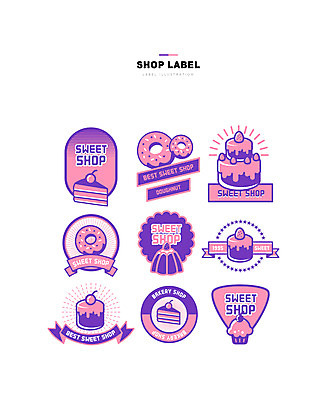 분홍색 일러스트 사람없음 세트 라벨 케이크 보라색 도넛 머핀 젤리 디저트카페 국내일러스트 AI파일 빵 컬러 디저트 프레임 카페 파일형식 벡터