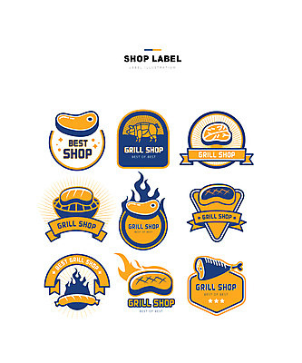 일러스트 돼지고기 스테이크 사람없음 세트 노란색 라벨 레스토랑 돼지 소시지 그릴 남색 구이 그릴구이 불꽃모양 국내일러스트 AI파일 모양 음식 컬러 포유류 주방용품 프레임 서양음식 육류 식당 가공식품 파일형식 벡터