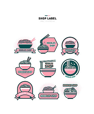 분홍색 일러스트 젓가락 사람없음 초록색 세트 라벨 식당 라면 국수 국내일러스트 AI파일 음식 컬러 프레임 수저 상점 면류 파일형식 벡터