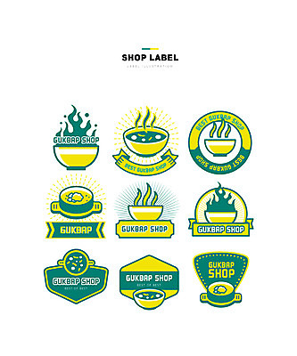 그릇 일러스트 사람없음 초록색 세트 노란색 라벨 식당 뚝배기 국밥 불꽃모양 국내일러스트 AI파일 모양 식기 한식 컬러 프레임 상점 파일형식 벡터