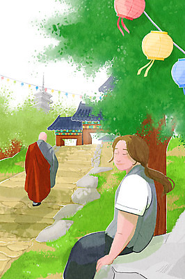 전신 PSD 나무 여자 남자 일러스트 휴식 앉기 상반신 성인 두명 초록색 여름 걷기 눈감음 바위 사찰 석탑 승려 힐링 연등 승복 템플스테이 휴식처 성인만 국내일러스트 식물 계절 컬러 컨셉 불교 종교건축 모션 사람 탑 돌_바위 등불 체험 성직자 불교용품 파일형식