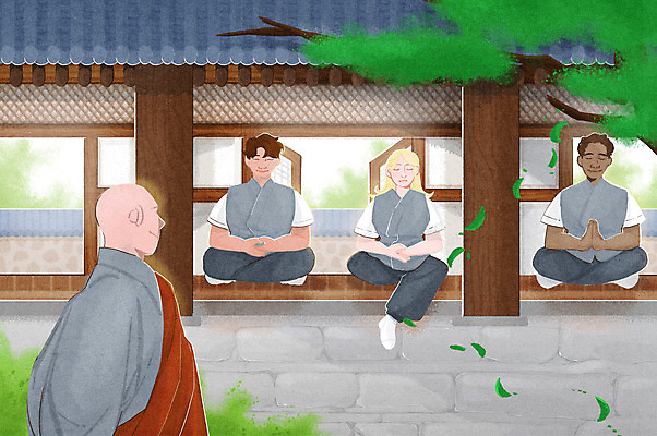 전신 PSD 외국인 여자 남자 일러스트 휴식 나뭇잎 앉기 여러명 상반신 성인 눈감음 사찰 체험 승려 명상 힐링 승복 합장 생활한복 템플스테이 휴식처 성인만 차분 국내일러스트 다수 컨셉 잎 불교 종교건축 모션 사람 인종 손짓 한복 성직자 파일형식