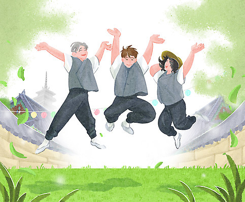 전신 PSD 모자 여자 남자 행복 일러스트 휴식 나뭇잎 성인 세명 초록색 점프 사찰 풀 힐링 생활한복 템플스테이 휴식처 성인만 기와담장 국내일러스트 식물 잡화 감정 컬러 컨셉 잎 불교 종교건축 모션 기와 사람 담장 체험 한복 파일형식