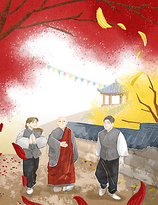 전신 PSD 외국인 여자 남자 단풍 일러스트 성인 빨간색 세명 걷기 가을풍경 산책 가을 사찰 승려 정자 힐링 승복 합장 생활한복 템플스테이 휴식처 성인만 기와담장 국내일러스트 건축물 계절 컬러 잎 불교 종교건축 모션 휴식 기와 사람 인종 풍경 손짓 담장 체험 한복 성직자 파일형식 가을_계절