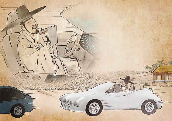 PSD 남자 음료 일러스트 초가집 들기 앉기 상반신 성인 두명 태블릿 운전 마시기 한복 조선시대 퓨전 미래자동차 베이지색 전기자동차 성인남자만 자율주행 모빌리티 국내일러스트 갓모자 모자_잡화 한국전통 교통수단 컬러 모션 자동차 한옥 전통소품 사람 전자제품 스마트기기 역사 전통의상 남자만 성인만 파일형식 4차산업