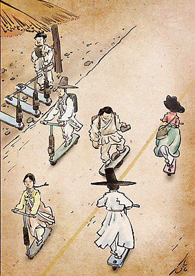 전신 PSD 여자 남자 도로 일러스트 서기 안전 여러명 성인 한복 조선시대 퓨전 베이지색 성인만 전동휠 공유경제 전동퀵보드 셰어링 모빌리티 국내일러스트 갓모자 모자_잡화 한국전통 길 육상교통 교통수단 컬러 다수 교통시설 모션 전통소품 사람 경제 역사 전통의상 퀵보드 파일형식