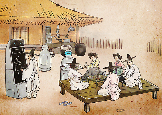 전신 PSD 여자 남자 음식 일러스트 술병 초가집 들기 앉기 여러명 성인 항아리 한복 조선시대 밥상 로봇 퓨전 평상 베이지색 주막 주모 키오스크 성인만 무인매장 AI_인공지능 국내일러스트 갓모자 모자_잡화 한국전통 컬러 다수 모션 탁자 병_용기 한옥 주류 전통소품 사람 상점 도자기 역사 전통의상 주인 파일형식