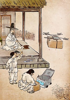 전신 PSD 남자 어린이 일러스트 서기 들기 소년 성인 세명 태블릿 가리킴 한복 조선시대 로봇 배송 택배 퓨전 가부좌 택배상자 웅크림 담뱃대 드론 베이지색 남자만 무인택배 모빌리티 국내일러스트 갓모자 모자_잡화 한국전통 교통수단 컬러 모션 전통소품 담배 사람 앉기 손짓 전자제품 스마트기기 상자 운송업 역사 전통의상 무인기계 파일형식