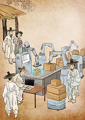 전신 PSD 나무 여자 남자 일러스트 서기 여러명 상반신 성인 노트북 한복 조선시대 책상 택배 퓨전 로봇팔 베이지색 분류 컨베어밸트 성인만 무인택배 AI_인공지능 국내일러스트 갓모자 식물 모자_잡화 한국전통 컬러 가구 다수 모션 전통소품 사람 전자제품 기계 운송업 역사 전통의상 로봇 무인기계 파일형식