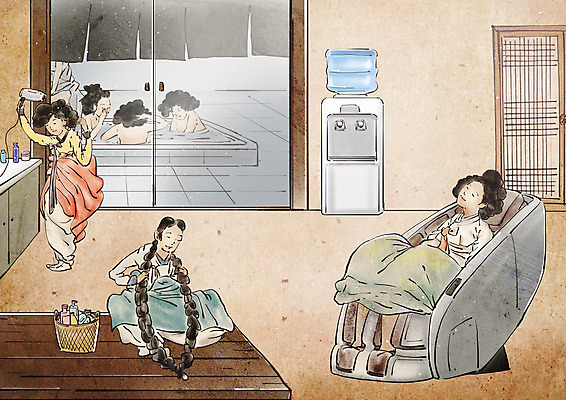 전신 PSD 여자 일러스트 휴식 여러명 상반신 성인 바구니 문 화장품 목욕탕 한복 드라이어 조선시대 퓨전 평상 목욕바구니 베이지색 정수기 찜질방 성인여자만 안마의자 국내일러스트 한국전통 컬러 다수 컨셉 의자 사람 뷰티 미용용품 역사 전통의상 여자만 성인만 파일형식