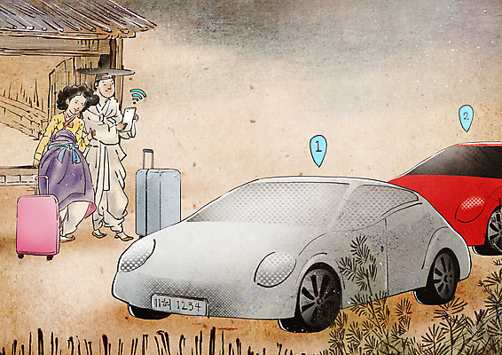 전신 PSD 커플 여자 남자 여행 일러스트 서기 들기 성인 두명 스마트폰 캐리어 한복 조선시대 퓨전 와이파이 미래자동차 베이지색 렌트카 성인만 카쉐어링 국내일러스트 갓모자 모자_잡화 한국전통 컬러 관계 모션 자동차 전통소품 사람 핸드폰 스마트기기 여행가방 역사 전통의상 무선인터넷 파일형식 공유경제