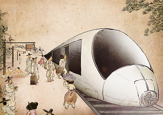 전신 PSD 여자 남자 일러스트 대중교통 서기 들기 앉기 여러명 상반신 성인 캐리어 기찻길 소나무 한복 조선시대 퓨전 기차역 고속열차 베이지색 탑승객 성인만 국내일러스트 갓모자 나무 모자_잡화 한국전통 교통수단 컬러 다수 모션 전통소품 사람 여행가방 기차 역사 역 승차 전통의상 파일형식