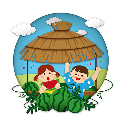 구름 여자 남자 어린이 일러스트 여름음식 수박 여름방학 들기 소녀 소년 상반신 두명 만세 원형 덩굴 오두막 수박밭 어린이만 제철과일 국내일러스트 AI파일 자연요소 도형 식물 음식 밭 과일 모션 방학 사람 제철 파일형식 벡터 여름_계절