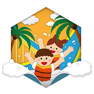 구름 여자 남자 어린이 파도 일러스트 여름방학 소녀 소년 상반신 두명 야자수 만세 육각형 구명조끼 워터슬라이드 워터파크 어린이만 국내일러스트 AI파일 자연요소 도형 나무 바다 모션 방학 수영장 사람 구조용품 파일형식 벡터 여름_계절