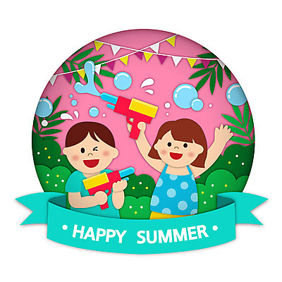 여자 남자 리본 어린이 일러스트 여름방학 들기 소녀 소년 상반신 두명 만세 물방울 원형 야자수잎 물총 물총놀이 어린이만 국내일러스트 AI파일 도형 잎 모션 놀이 방학 사람 파일형식 벡터 여름_계절