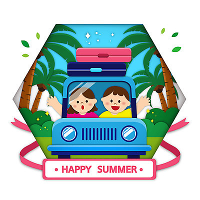 여자 남자 리본 어린이 여행 일러스트 자동차 나뭇잎 여름방학 소녀 소년 상반신 두명 야자수 손들기 캐리어 육각형 어린이만 국내일러스트 AI파일 도형 나무 육상교통 잎 모션 방학 사람 여행가방 파일형식 벡터 여름_계절