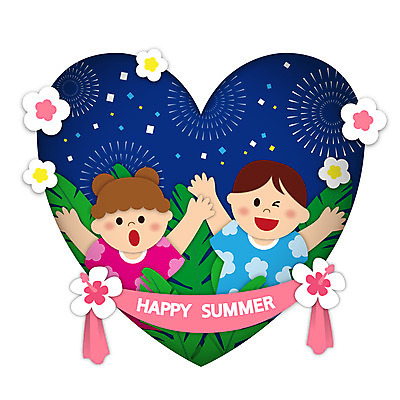 여자 남자 꽃 어린이 일러스트 불꽃놀이 여름방학 소녀 소년 상반신 두명 만세 하트 꽃가루 야자수잎 어린이만 여름축제 국내일러스트 AI파일 모양 식물 잎 모션 놀이 방학 사람 축제 가루 파일형식 벡터 여름_계절