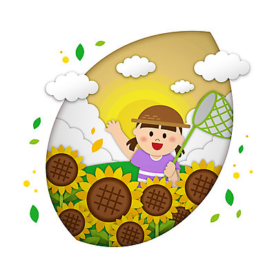 구름 여자 어린이 잎 일러스트 나뭇잎 해바라기 여름방학 한명 들기 소녀 상반신 태양 노을 밀짚모자 손인사 채집망 소녀한명만 국내일러스트 AI파일 자연요소 식물 모자_잡화 1 꽃 모션 방학 사람 인사 여자한명만 소녀만 파일형식 벡터 여름_계절
