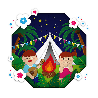 여자 남자 꽃 어린이 연주 일러스트 여름방학 텐트 들기 앉기 소녀 소년 상반신 두명 야자수 턱괴기 캠핑 기타 모닥불 야자수잎 가랜드 팔각형 어린이만 국내일러스트 AI파일 도형 나무 식물 음악 잎 모션 불 현악기 레저 방학 캠핑도구 사람 파티용품 파일형식 벡터 여름_계절
