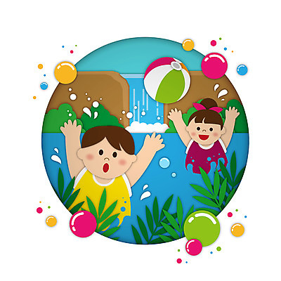 여자 남자 수영복 어린이 잎 일러스트 여름방학 소녀 소년 상반신 두명 강 폭포 만세 물방울 원형 비치볼 어린이만 국내일러스트 AI파일 도형 식물 옷 공 모션 자연 방학 바캉스용품 사람 파일형식 벡터 여름_계절