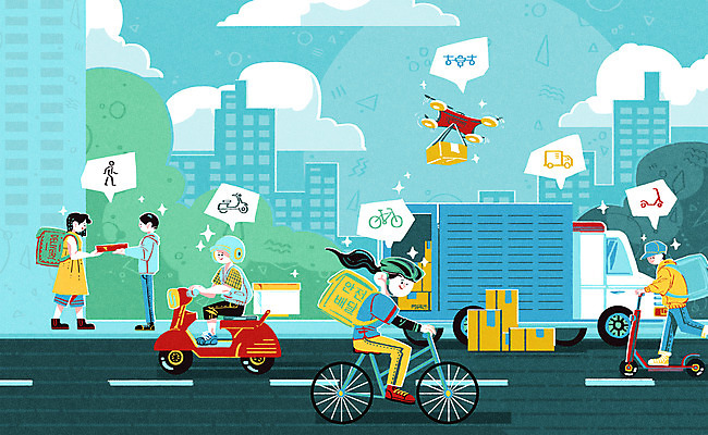 전신 PSD 구름 여자 남자 하늘색 말풍선 일러스트 서기 여러명 성인 건물 걷기 자전거 오토바이 도시 배달원 승차 헬멧 배송 도보 드론 배달원가방 성인만 전동퀵보드 모빌리티 탑차 국내일러스트 자연요소 직업 건축물 육상교통 교통수단 다수 모션 사람 파란색 바이크 트럭 보호장비 퀵보드 파일형식