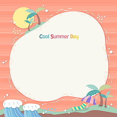 파도 일러스트 프레임 해변 사람없음 여름 야자수 태양 노을 주황색 파라솔 선베드 프레임일러스트 국내일러스트 AI파일 자연요소 나무 계절 바다 컬러 의자 파일형식 벡터