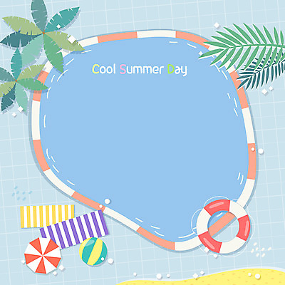 하늘색 일러스트 프레임 수영장 사람없음 여름 야자수 파라솔 비치볼 선베드 튜브 열대잎 프레임일러스트 국내일러스트 AI파일 나무 계절 잎 의자 공 바캉스용품 파란색 파일형식 벡터