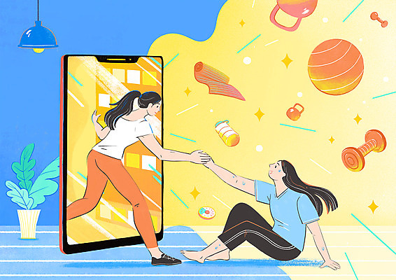 전신 PSD 여자 일러스트 응원 모바일 건강 서기 앉기 성인 두명 파란색 스마트폰 운동복 운동 노란색 손잡기 아령 매트 짐볼 물병 트레이너 땀 온라인 케틀벨 성인여자만 홈트레이닝 원격수업 집콕 국내일러스트 옷 교육 컬러 모션 사람 핸드폰 스마트기기 헬스 물통 신조어 온라인강의 원격 여자만 성인만 파일형식 앳홈라이프