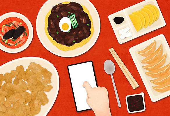 PSD 그릇 손 일러스트 모바일 신체부위 스마트폰 중식 숟가락 터치 짜장면 단무지 간장 탕수육 짬뽕 주문 나무젓가락 군만두 배달음식 국내일러스트 식기 음식 젓가락 수저 사람 핸드폰 스마트기기 양념 배달 만두 파일형식