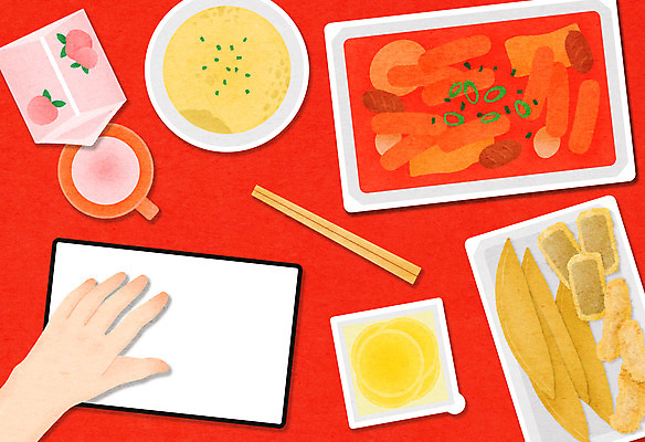 PSD 손 일러스트 신체부위 태블릿 터치 튀김 떡볶이 단무지 주문 나무젓가락 계란찜 군만두 배달음식 복숭아주스 국내일러스트 음식 젓가락 사람 전자제품 스마트기기 과일주스 계란요리 분식 배달 만두 찜 파일형식