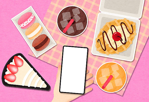 PSD 손 음료 일러스트 모바일 들기 신체부위 터치 아메리카노 주문 마카롱 딸기케이크 배달음식 크로플 국내일러스트 커피 음식 모션 딸기 디저트 사람 케이크 배달 파일형식