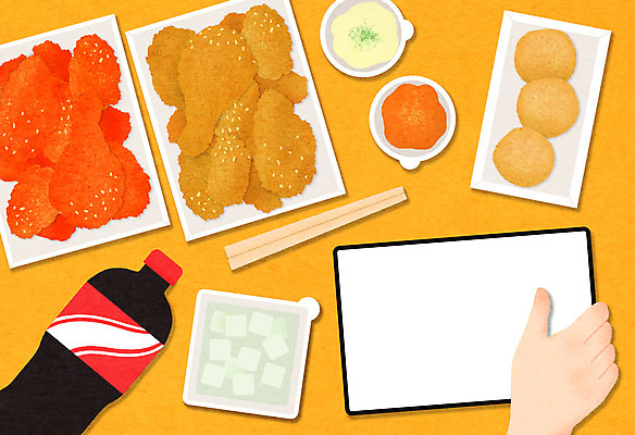 PSD 손 일러스트 신체부위 태블릿 프라이드치킨 양념치킨 터치 소스 콜라 주문 나무젓가락 배달음식 치킨무 치즈볼 국내일러스트 음식 젓가락 디저트 사람 전자제품 스마트기기 치킨 양념 배달 탄산음료 파일형식