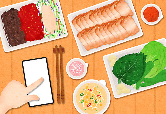 PSD 손 일러스트 젓가락 고추 모바일 마늘 신체부위 터치 상추 깻잎 보쌈 쌈장 주문 막국수 배달음식 베이지색 비빔국수 새우젓 수육 콩나물국 국내일러스트 한식 음식 컬러 채소 수저 사람 양념 배달 국수 국물 젓갈 파일형식