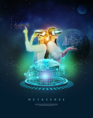 PSD 편집이미지 여자 그래프 상반신 20대 성인 두명 30대 우주 한국인 가리킴 남색 가상공간 홀로그램 가상현실 성인여자만 VR기기 메타버스 이미지편집 컬러 사람 동양인 손짓 청년 장년 기계 여자만 성인만 파일형식