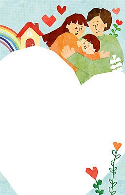 PSD 여자 남자 아들 하늘색 무지개 일러스트 포옹 엄마 주택 프레임 상반신 성인 세명 하트 아기 아빠 육아일기 프레임일러스트 국내일러스트 자연요소 모양 가족 안기 사람 건물 파란색 육아 파일형식