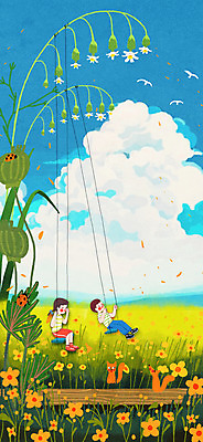 전신 PSD 구름 여자 남자 어린이 하늘색 두마리 꽃밭 일러스트 하늘 여름방학 앉기 소녀 소년 두명 여름 여름휴가 바캉스 잡기 그네 무당벌레 여우 초롱꽃 여름라이프 어린이만 국내일러스트 자연요소 라이프스타일 계절 꽃 곤충 2 포유류 모션 방학 휴가 사람 파란색 파일형식 여름_계절