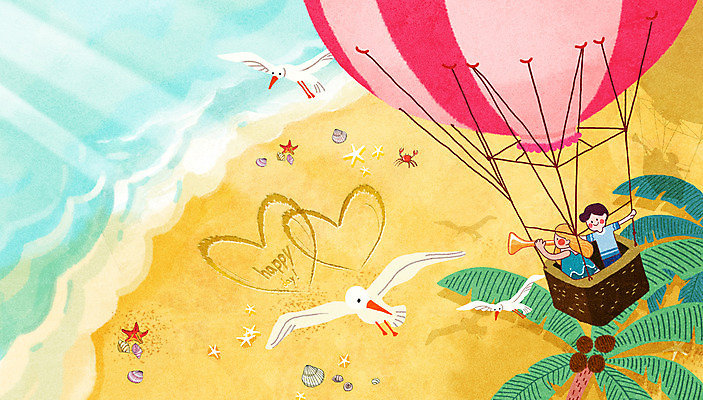 PSD 여자 남자 어린이 모래 일러스트 갈매기 여름방학 들기 풍경 소녀 소년 상반신 해변 두명 여름 여름휴가 바캉스 야자수 망원경 열기구 하트 비행 여름라이프 어린이만 국내일러스트 모양 나무 라이프스타일 계절 바다 항공교통 모션 조류 방학 휴가 사람 파일형식 여름_계절