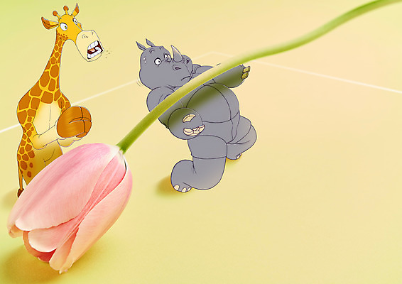 PSD 편집이미지 두마리 포토일러 아이디어 사람없음 노란색 튤립 기도 기린 손그림 코뿔소 긴장 림보 아슬아슬 이미지편집 꽃 감정 컬러 컨셉 2 포유류 놀이 파일형식