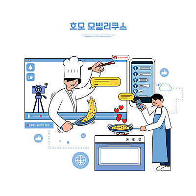 전신 PSD 남자 일러스트 요리 서기 들기 상반신 성인 타이포그라피 두명 파란색 스마트폰 카메라 요리사 프라이팬 가스레인지 스마트 요리중 신조어 소통 동영상창 라이브 채팅 성인남자만 인터넷방송 크리에이터 1인미디어 국내일러스트 직업 문자 컬러 컨셉 모션 주방용품 사람 전자제품 핸드폰 스마트기기 가전제품 레인지 방송 동영상 남자만 성인만 파일형식 유행어