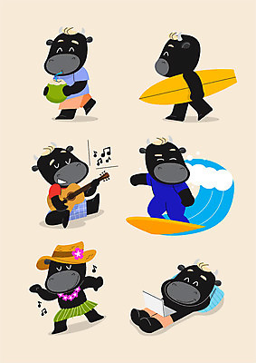 파도 연주 여러마리 일러스트 휴식 들기 사람없음 여름휴가 바캉스 노트북 눕기 걷기 마시기 기타 서핑보드 서핑 소 힐링 소캐릭터 훌라춤 영화감상 코코넛주스 훌라의상 흑소 국내일러스트 AI파일 옷 음악 바다 동물캐릭터 다수 컨셉 포유류 모션 현악기 휴가 전자제품 주스 감상 춤 수상스포츠 보드_스포츠 영화 코코넛 파일형식 벡터 여름_계절