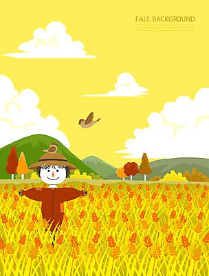 PSD 나무 구름 백그라운드 두마리 일러스트 산 사람없음 노란색 가을풍경 벼 가을 허수아비 참새 계절백그라운드 논밭 가을배경 국내일러스트 자연요소 식물 계절 컬러 2 밭 농업 조류 곡류 논 풍경 파일형식 가을_계절