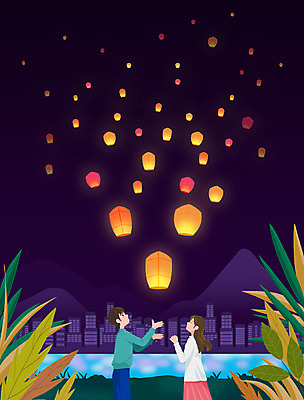 PSD 커플 여자 남자 백그라운드 일러스트 밤하늘 상반신 성인 두명 강 마주보기 가을풍경 보라색 가을 도시 풍등 풍등날리기 성인만 풍등축제 가을배경 국내일러스트 계절 컬러 관계 모션 하늘 조명 사람 풍경 야간 등축제 파일형식 가을_계절