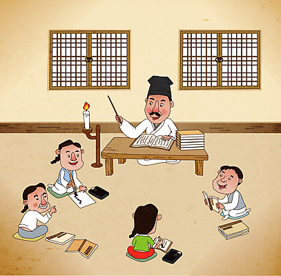 전신 한국전통 라이프스타일 여자 남자 어린이 일러스트 들기 소녀 소년 여러명 책 기록 붓 한복 촛대 가부좌 벼루 서당 전통창문 회초리 훈장님 국내일러스트 AI파일 전통 다수 창문 모션 한국 사람 앉기 생활 교사 전통의상 매_체벌 파일형식 벡터