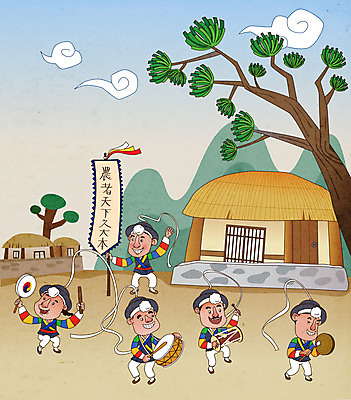 전신 구름 한국전통 라이프스타일 남자 일러스트 초가집 서기 들기 여러명 성인 전통놀이 깃발 소나무 한복 풍물놀이 북 장구 소고 징 농악대 상모돌리기 성인남자만 국내일러스트 AI파일 자연요소 나무 전통 다수 모션 놀이 타악기 한옥 한국 국악기 국악 사람 생활 전통의상 남자만 성인만 파일형식 벡터