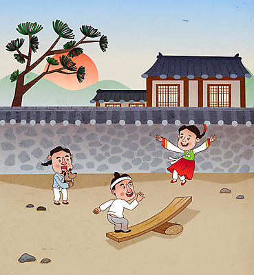 전신 한마리 한국전통 라이프스타일 여자 남자 어린이 일러스트 안기 기와집 소녀 소년 세명 태양 점프 전통놀이 소나무 강아지 한복 널뛰기 반려 어린이만 기와담장 국내일러스트 AI파일 자연요소 나무 1 전통 모션 놀이 한옥 한국 기와 사람 생활 담장 반려동물 개 전통의상 파일형식 벡터