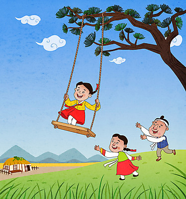 전신 구름 한국전통 라이프스타일 여자 남자 어린이 일러스트 초가집 서기 소녀 소년 세명 전통놀이 잡기 소나무 한복 즐거움 그네 그네타기 그네뛰기 어린이만 국내일러스트 AI파일 자연요소 나무 전통 감정 모션 놀이 한옥 한국 사람 생활 전통의상 파일형식 벡터